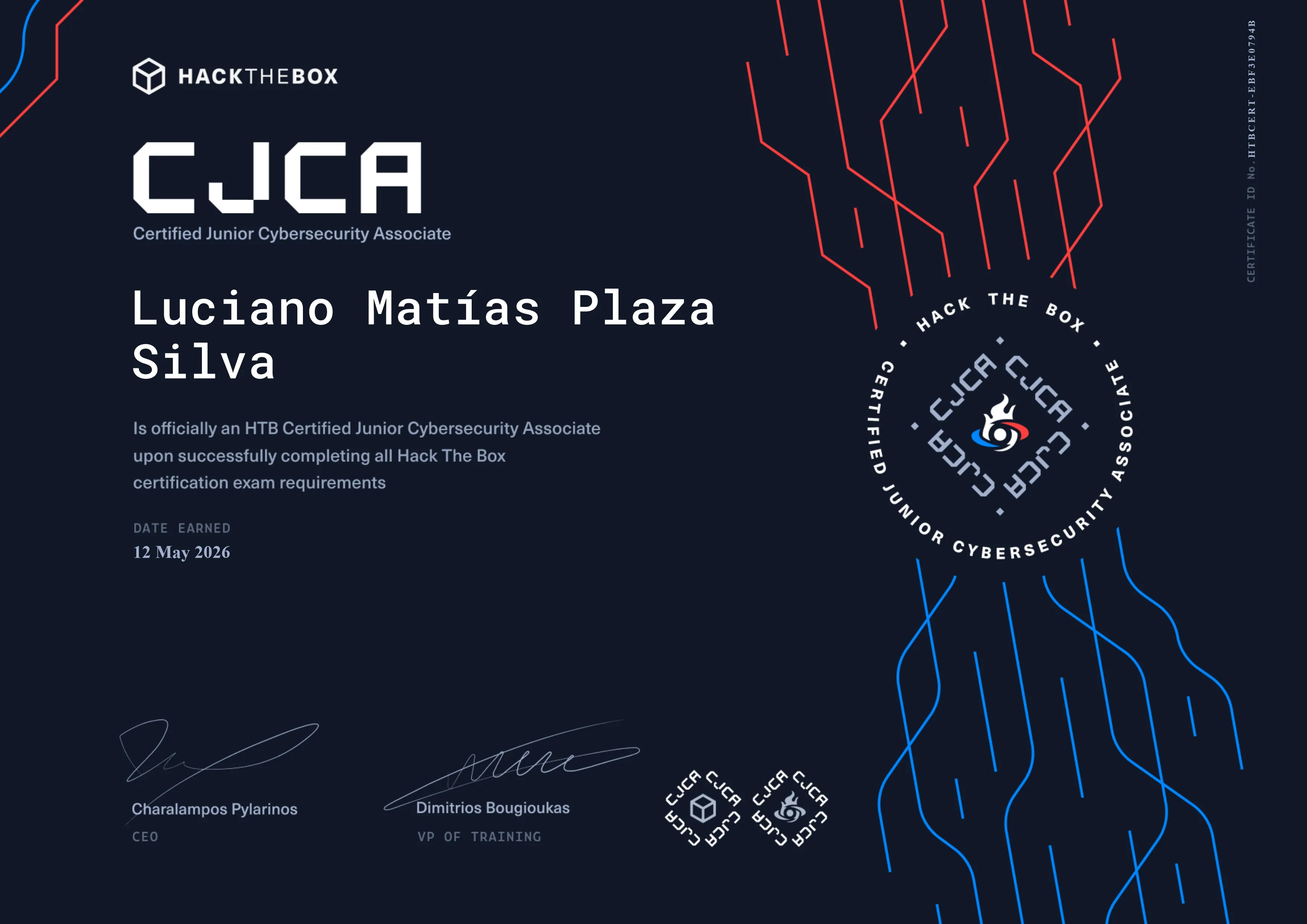 Certificación HTB Certified Junior Cybersecurity Associate de Luciano Matías Plaza Silva